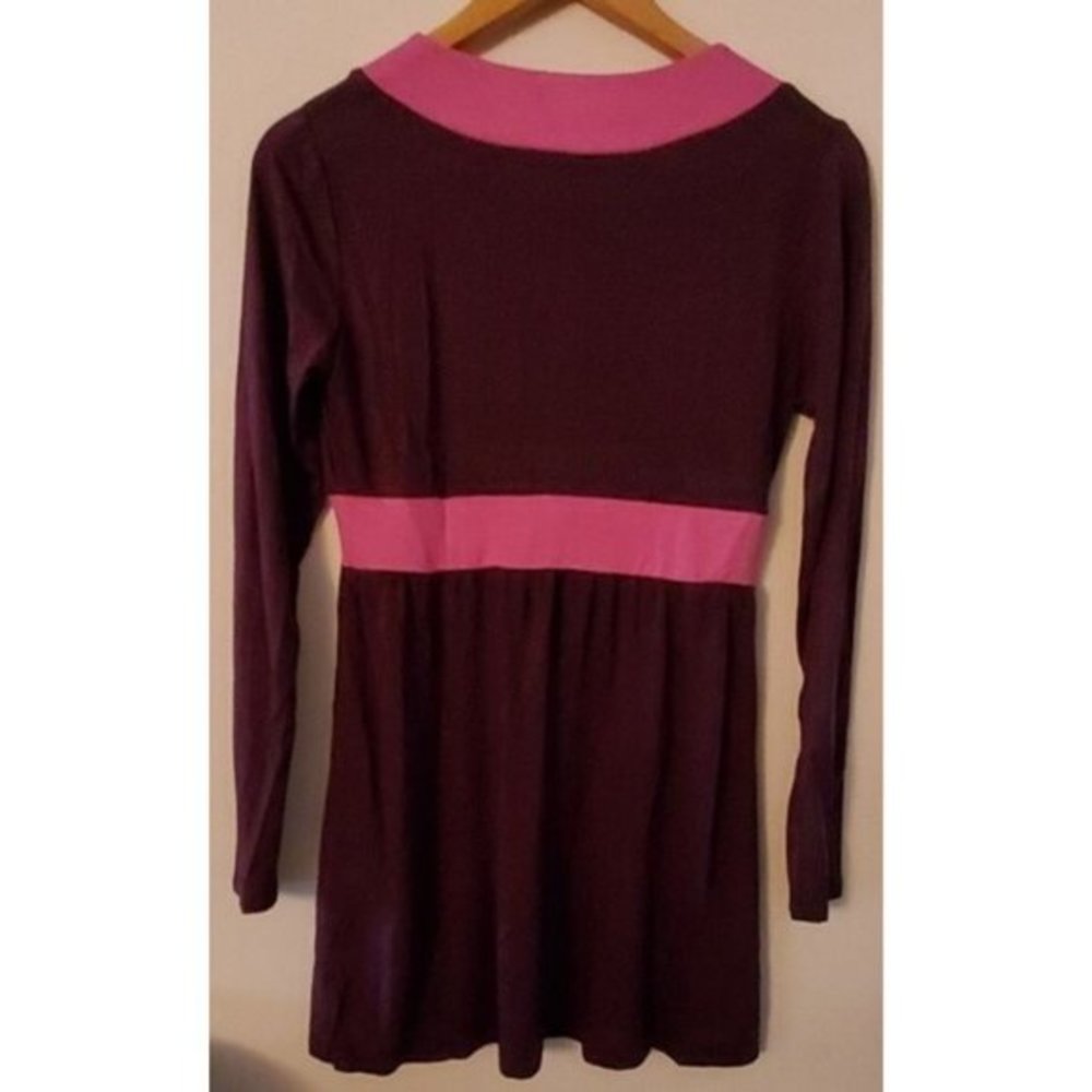 New York & Co. Stretch V-Neck Empire Waist Long Sleeve Dress Burgundy Pink - Picture 3 of 6